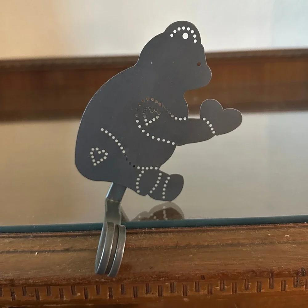Metal Teddy Bear Key Ring Holder Grey Perforated Heart Christmas Mantle Hook